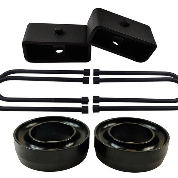 2x precision laser cut carbon steel front spring spacers, 2x rear steel lift blocks, 4x certified carbon steel round leaf spring axle u-bolts