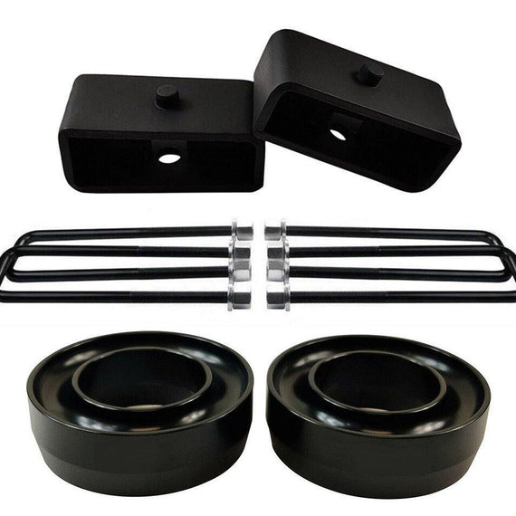 2x precision laser cut carbon steel front spring spacers, 2x rear steel lift blocks, 4x certified carbon steel round leaf spring axle u-bolts with hi-nuts, security spring washers