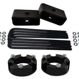 Tacoma 2x precision laser cut carbon steel front spring spacers, 2x rear steel lift blocks, 4x certified carbon steel leaf spring axle u-bolts with hi-nuts, security spring washers