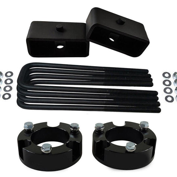 Tacoma 2x precision laser cut carbon steel front spring spacers, 2x rear steel lift blocks, 4x certified carbon steel leaf spring axle u-bolts with hi-nuts, security spring washers