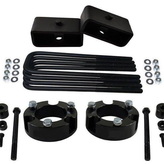 2005-2021 Tacoma 4WD 2x precision laser cut carbon steel front spring spacers, 2x rear steel lift blocks, 4x certified carbon steel leaf spring axle u-bolts with hi-nuts, security spring washers