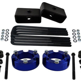 2005-2021 Tacoma 4WD 2x blue precision laser cut carbon steel front spring spacers, 2x rear steel lift blocks, 4x certified carbon steel leaf spring axle u-bolts with hi-nuts, security spring washers