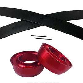 Front and Rear lift kit for Dodge Dakota consisting of2x Red T6 Aircraft Billet Front Spring Spacers, 2x 21.5" Steel Add-A-Leaf Springs, & Installation Hardware