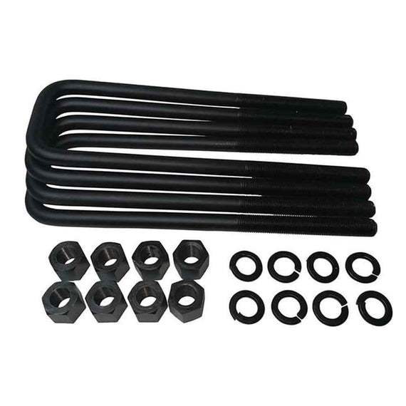 4x Certified Carbon Steel Leaf Spring Axle U-Bolts with Grade 8 Hi-nuts, and Security Spring Washers