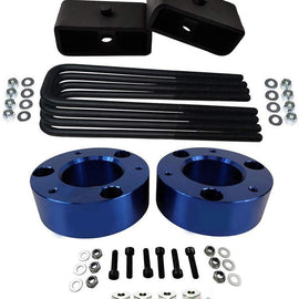 Blue 2x front pro billet lift strut spacers, 1x differential drop kit, 2 x rear steel tapered lift blocks, 4x steel square u-bolts