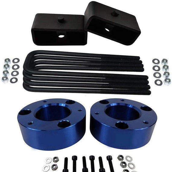 Blue 2x front pro billet lift strut spacers, 1x differential drop kit, 2 x rear steel tapered lift blocks, 4x steel square u-bolts