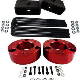 Red 2x front pro billet lift strut spacers, 1x differential drop kit, 2 x rear steel tapered lift blocks, 4x steel square u-bolts