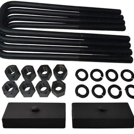 2x US certified 1 inch steel lift blocks, 4x OEM grade steel leaf spring axle u-bolts with grade 8 hi-nuts, security spring washers
