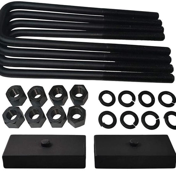 2x US certified 1 inch steel lift blocks, 4x OEM grade steel leaf spring axle u-bolts with grade 8 hi-nuts, security spring washers