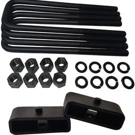 2x US certified 1.5 steel lift blocks, 4x OEM grade steel leaf spring axle u-bolts with grade 8 hi-nuts, security spring washers