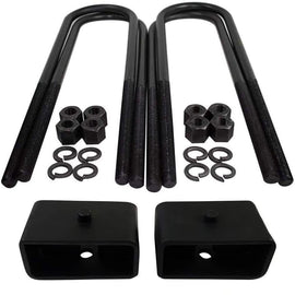 2x 2 inch US certified steel lift blocks, 4x OEM grade steel leaf spring axle u-bolts with grade 8 hi-nuts, security spring washers