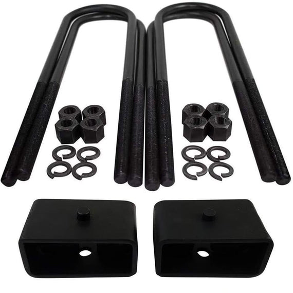 2x 2 inch US certified steel lift blocks, 4x OEM grade steel leaf spring axle u-bolts with grade 8 hi-nuts, security spring washers