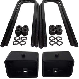 2x 3 inch US certified steel lift blocks, 4x OEM grade steel leaf spring axle u-bolts with grade 8 hi-nuts, security spring washers